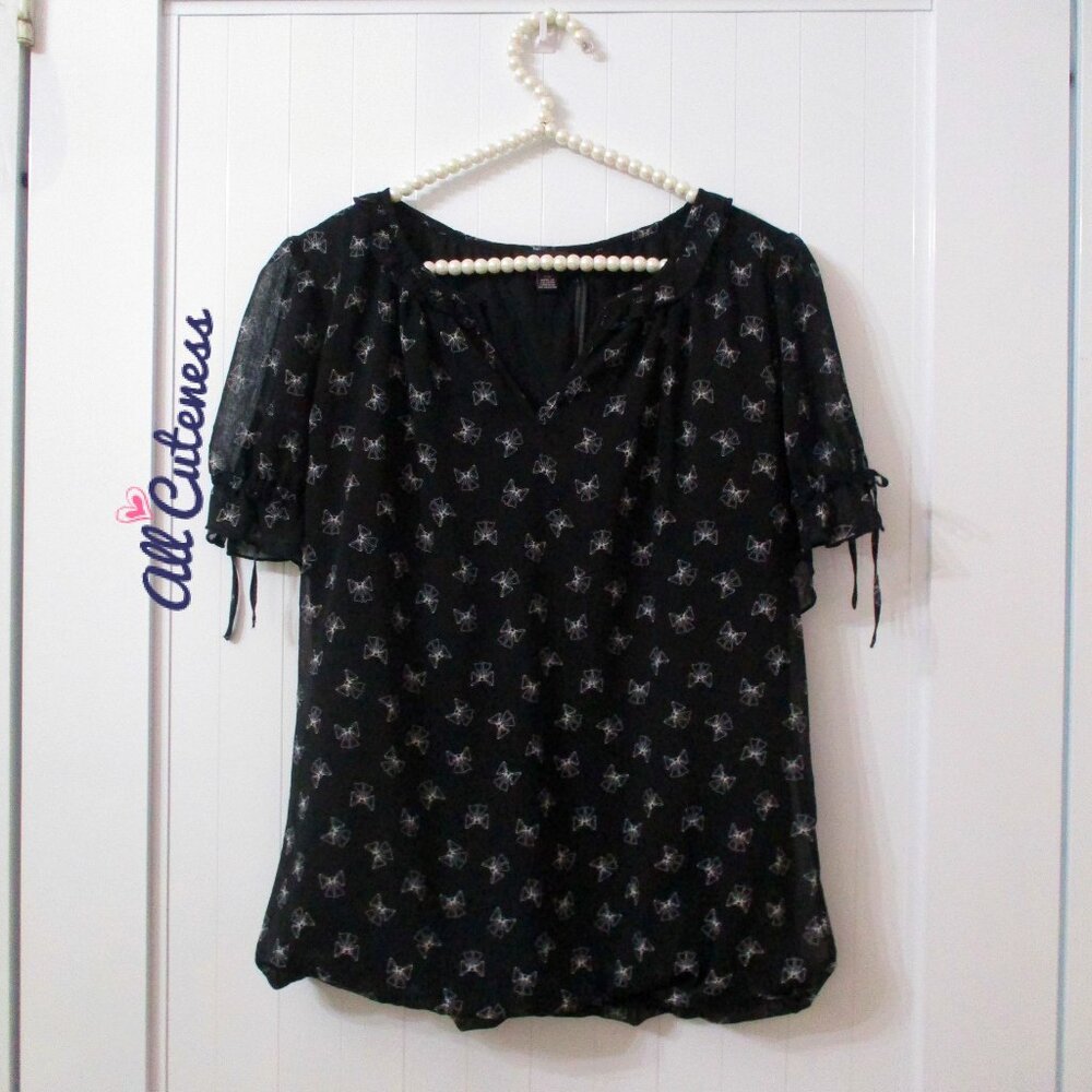 Tamara H. Bow Print Black Short Sleeve Top Size S
